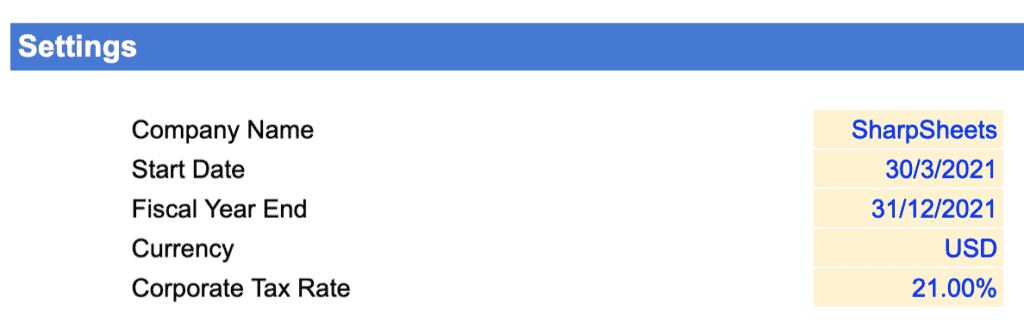 Model settings table