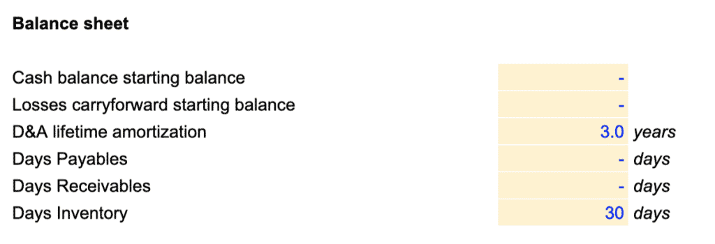 Balance sheet assumptions table