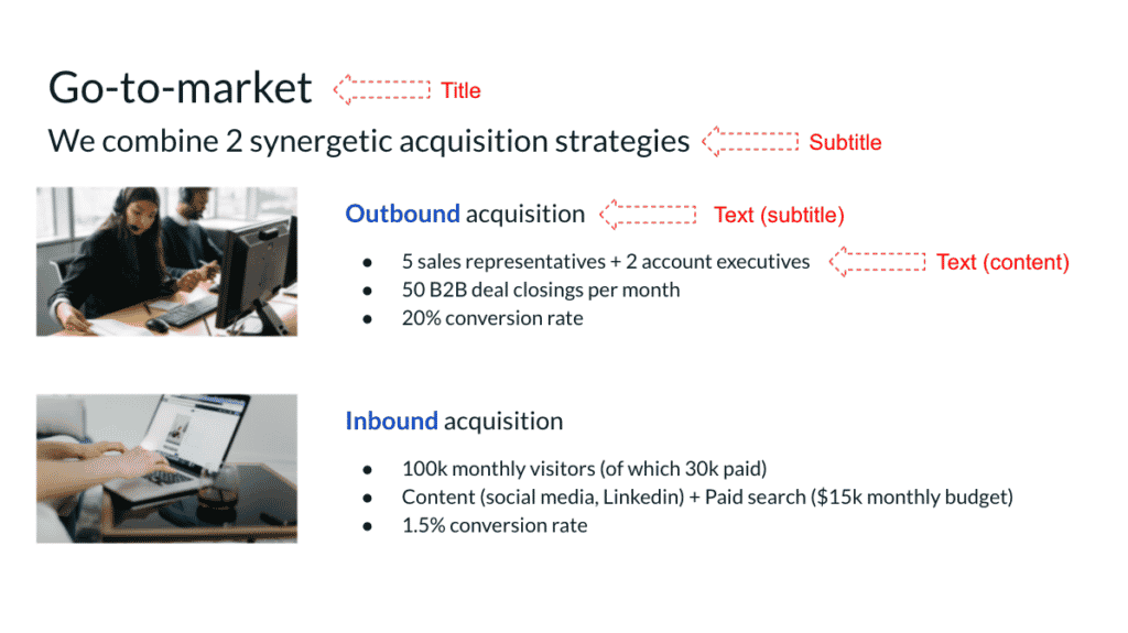 Pitch deck design tip 3: use fonts consistently throughout (source: our pitch deck template)