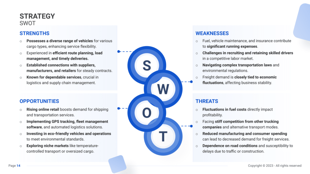 SWOT slide for a Trucking Business