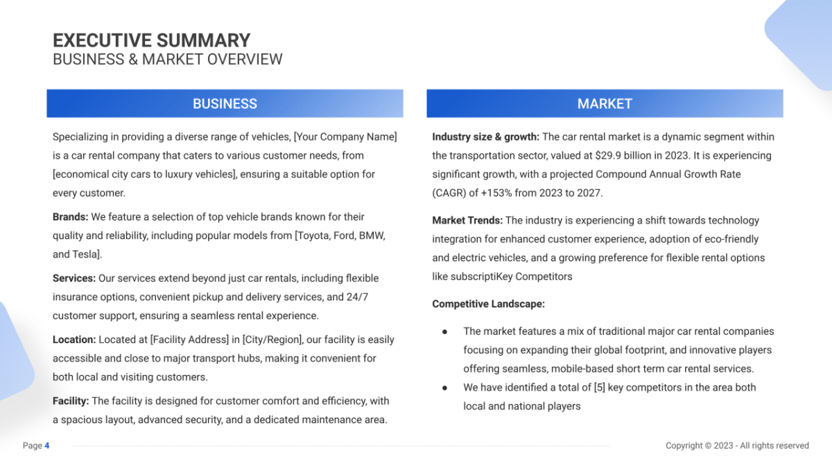 Car Rental Business Plan PDF Example - SharpSheets