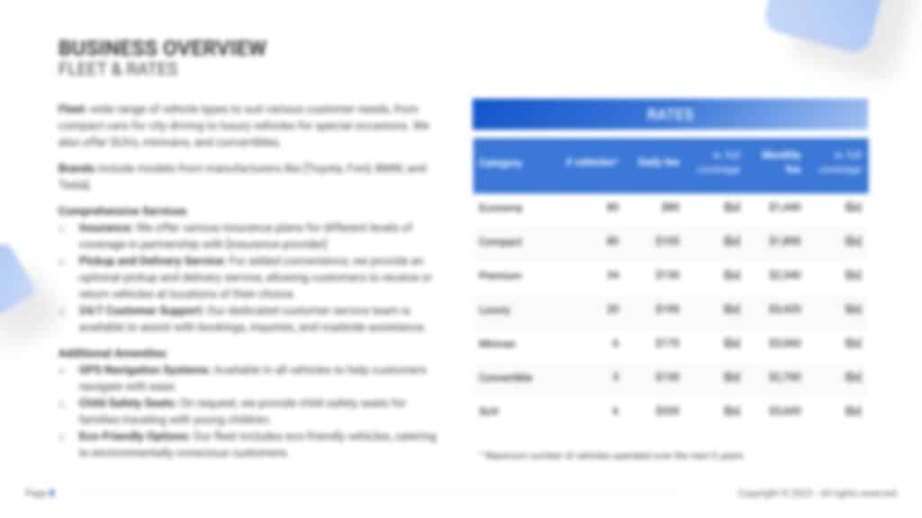Car parking business plan fleet & rates