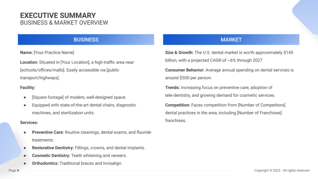 Dental Practice Business Plan exec summary