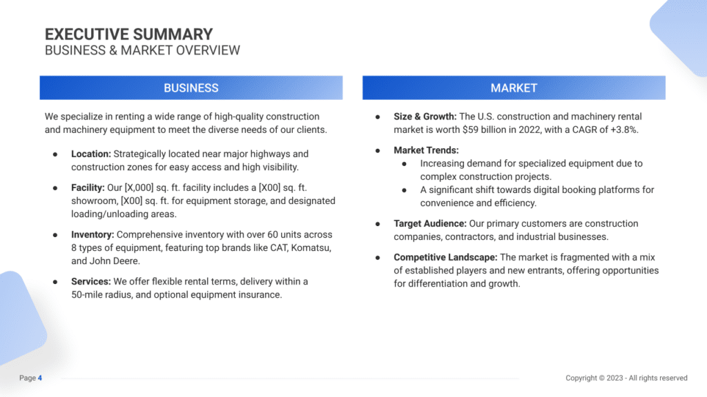 Equipment Rental Business Plan executive summary1