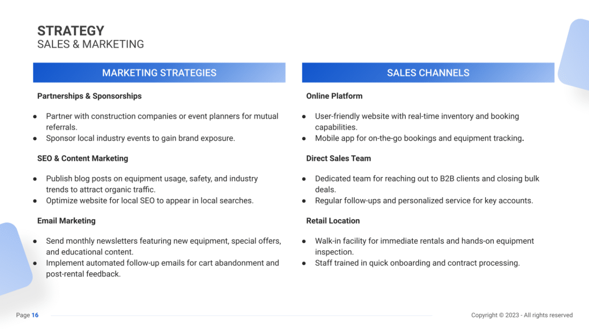 Equipment Rental Business Plan PDF Example - SharpSheets