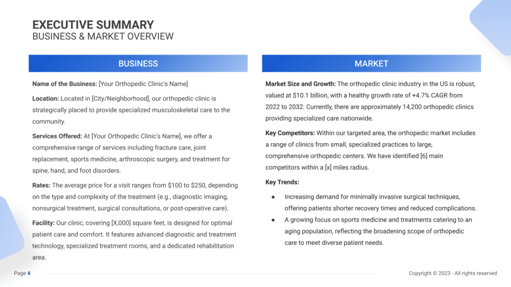 Orthopedic Clinic Business Plan executive summary1