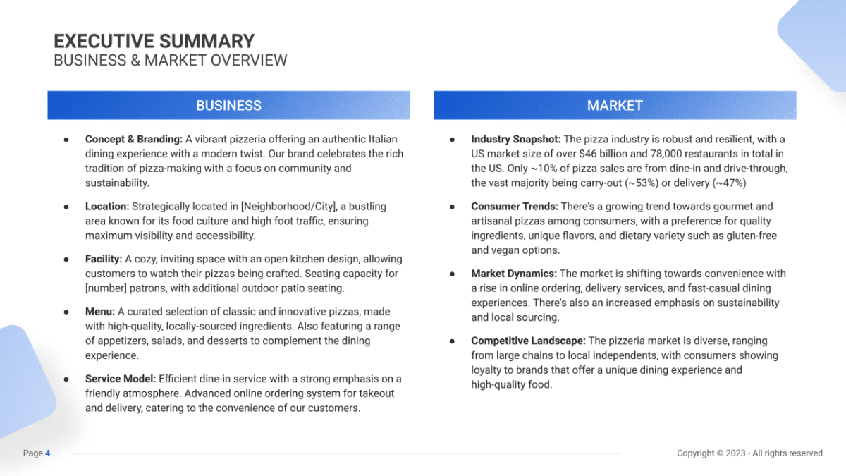 Pizzeria Business Plan PDF Example - SharpSheets