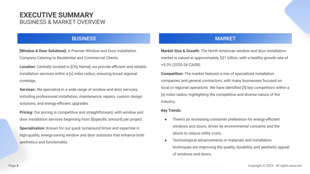 Window/Door Installation Business Plan executive summary1