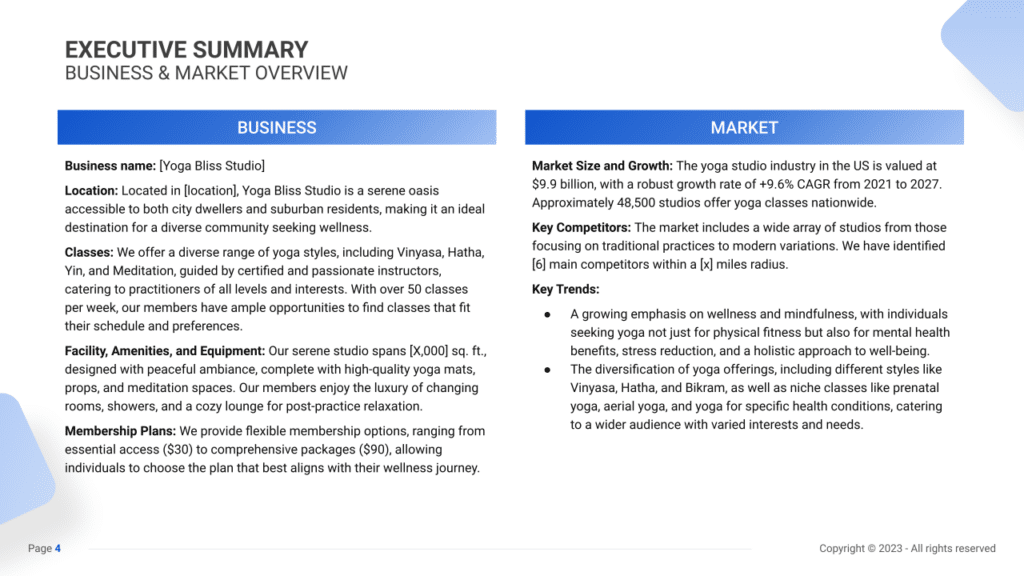 Business Plan Yoga Studio Exec Summary