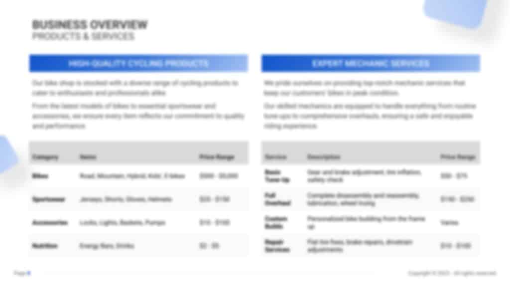 Bike Shop Business Plan PDF Example products and services