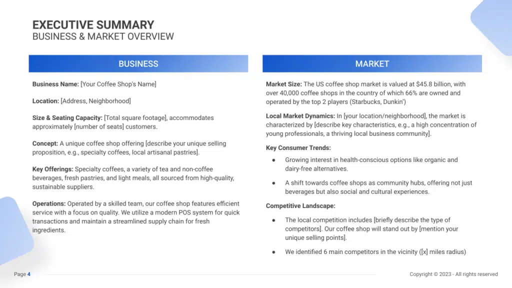 discuss the content of executive summary in a standard business plan