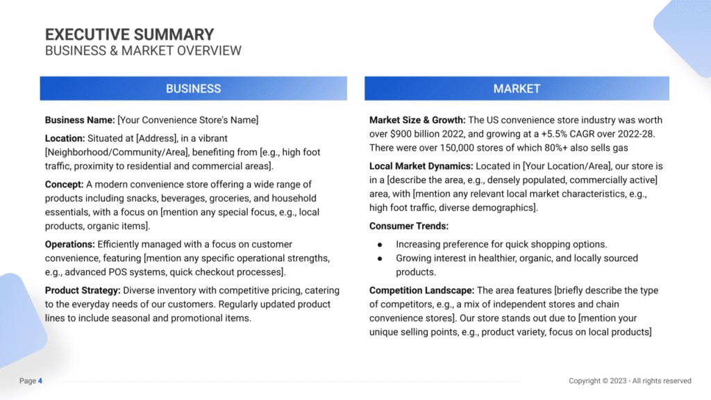 Convenience Store Business Plan executive summary