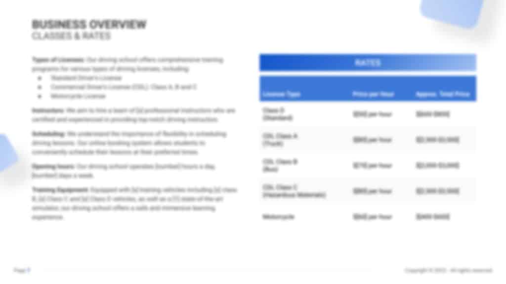 Driving School Business Plan PDF Example courses and pricing