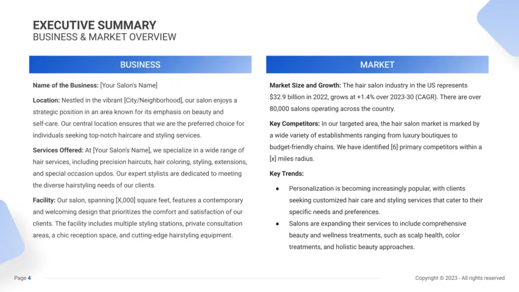 discuss the content of executive summary in a standard business plan