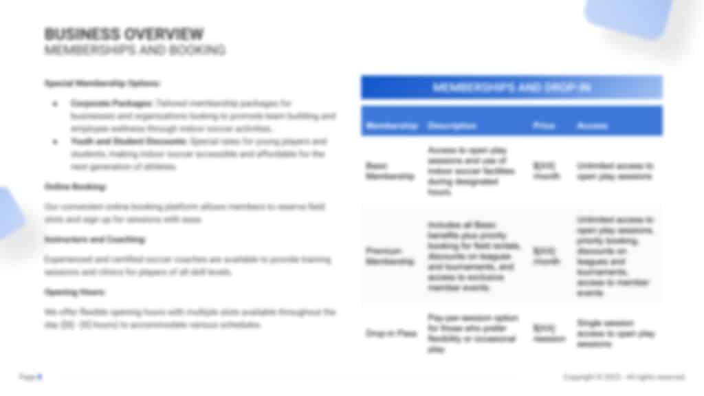 Indoor Soccer Business Plan PDF Example memberships and location