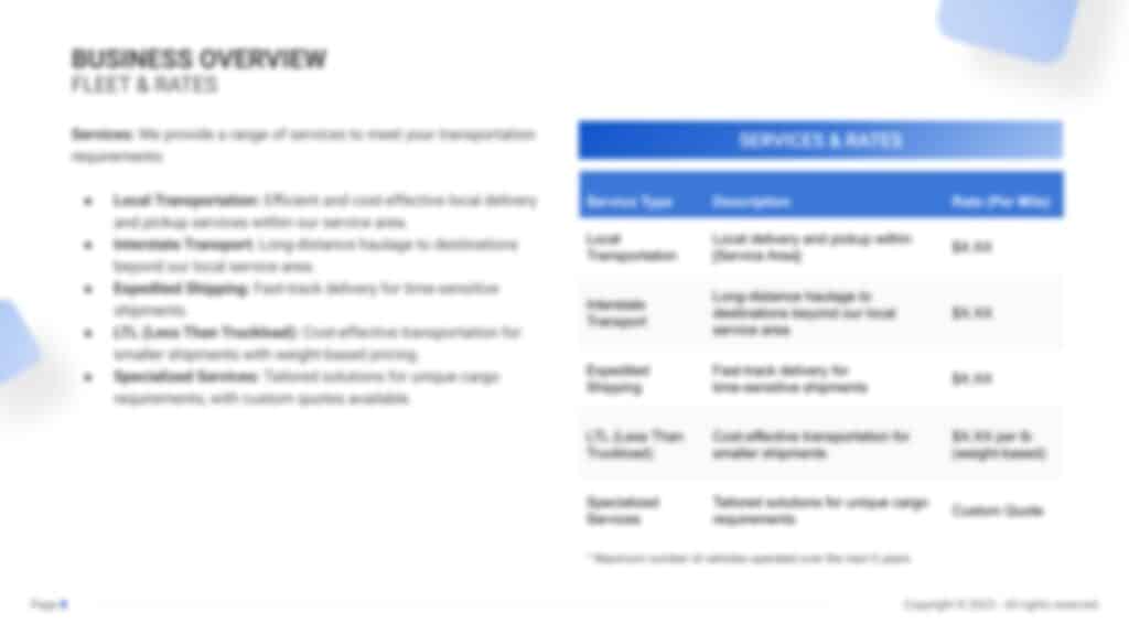 Trucking Business Plan PDF Example fleet and rates