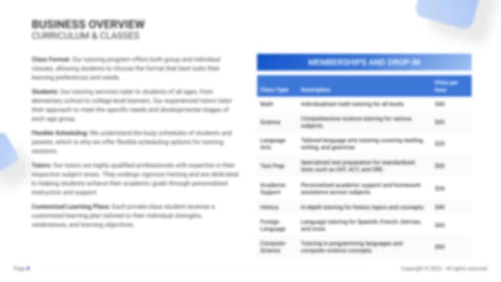 Tutoring Business Plan PDF Example curriculum and classes