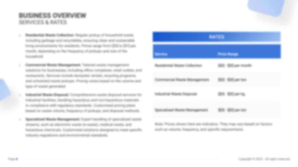 Waste Management Business Plan PDF Example services and rates