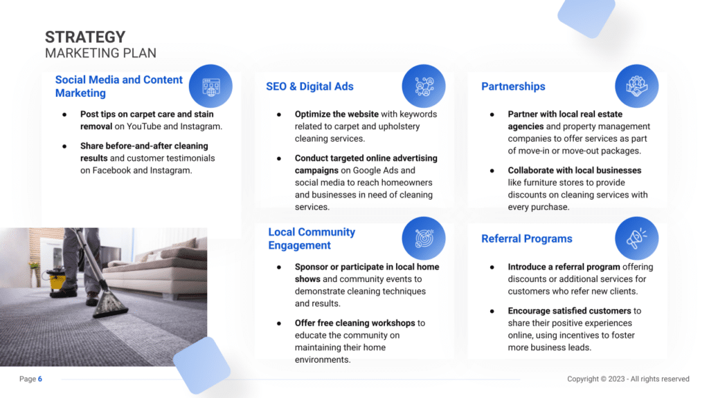Sales & Marketing Plan slide example for a Carpet Cleaning Business plan