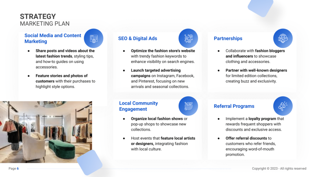Sales & Marketing Plan slide example for a Fashion Store business plan