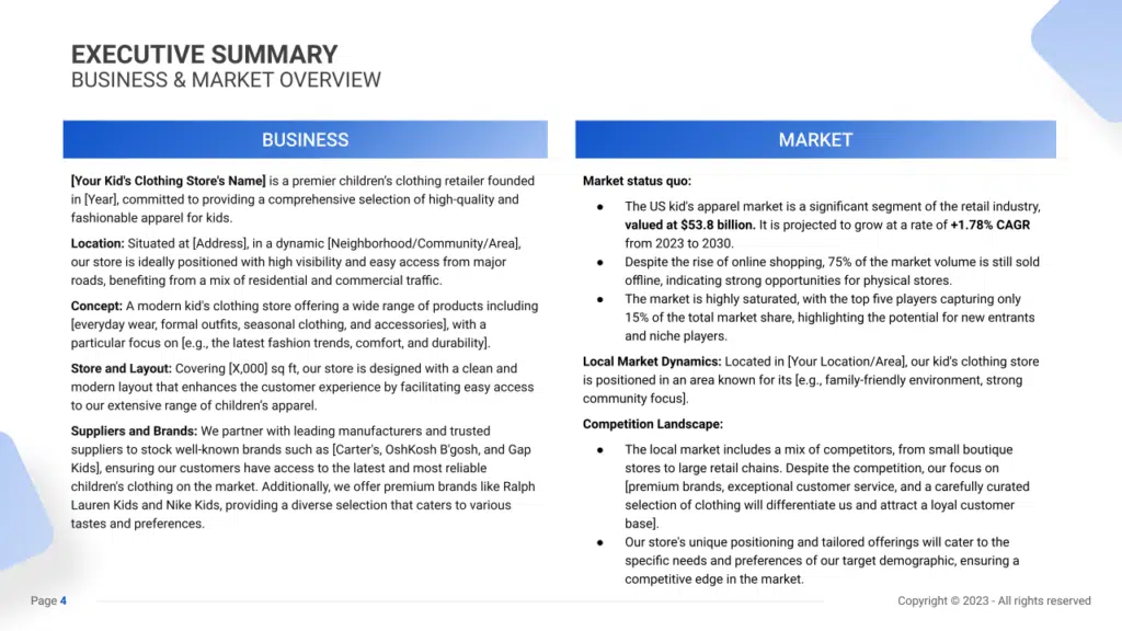 Executive Summary of a Kid’s Clothing Store Template & Example SharpSheets