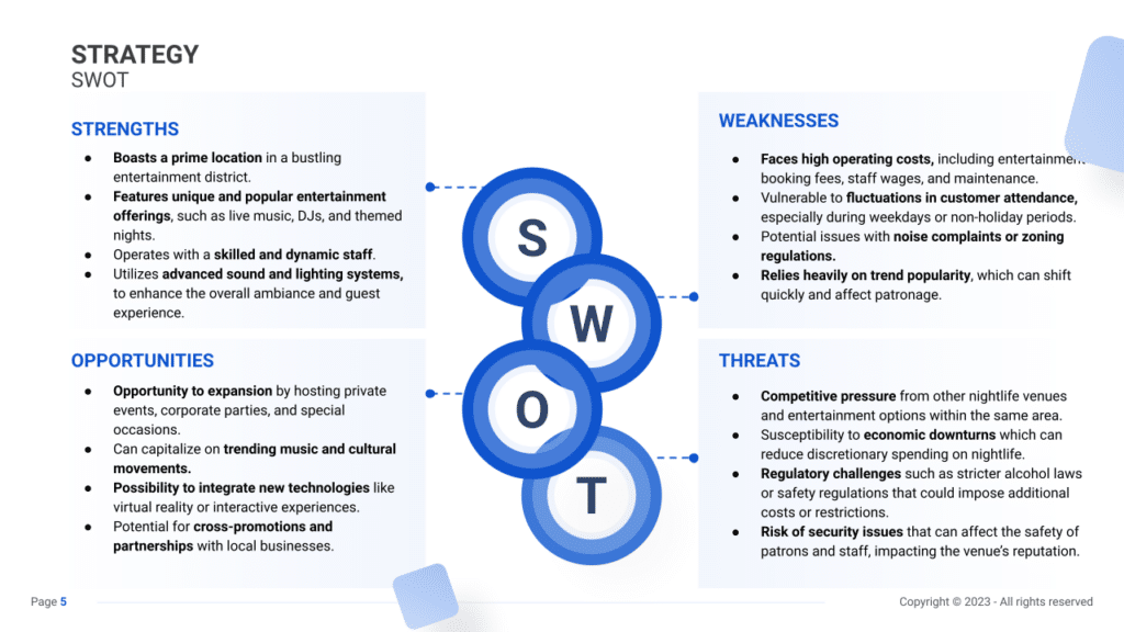 swot slide example for a Nightclub business plan