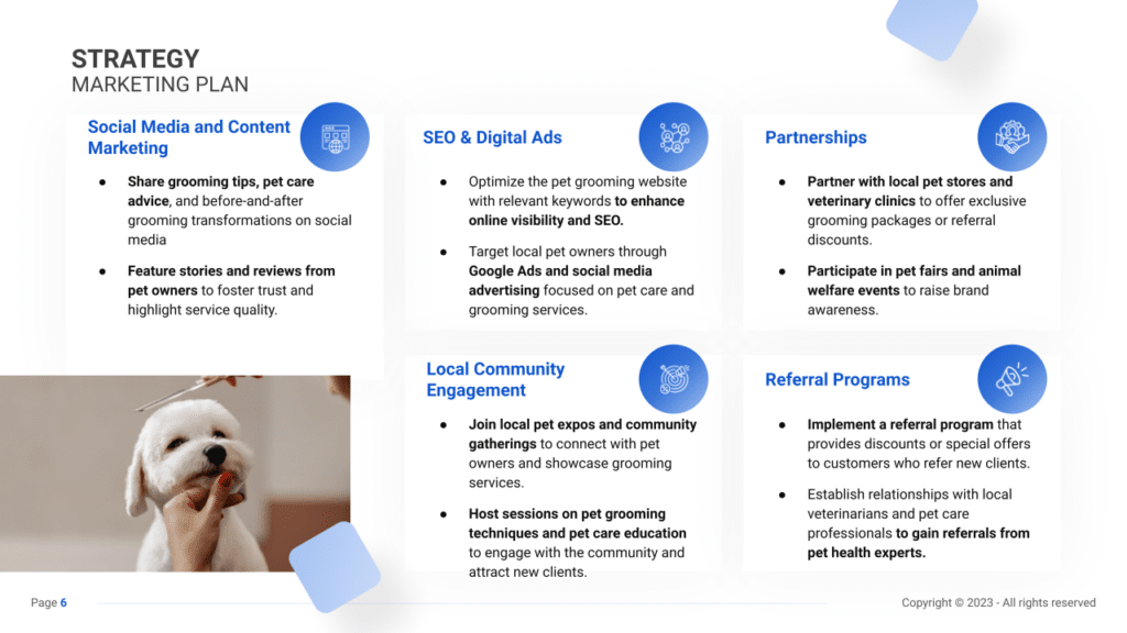 Sales & Marketing Plan slide examplefor a Pet Grooming Business plan