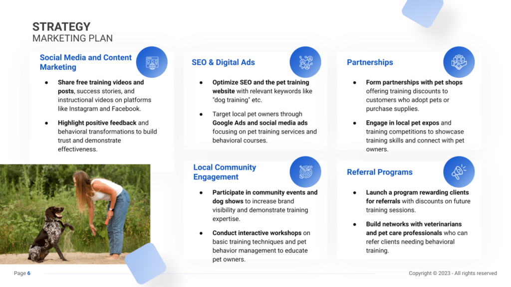 Sales & Marketing Plan slide examplefor a Pet training Business plan