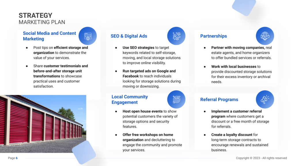 Sales & Marketing Plan slide example for a Self-Storage Business