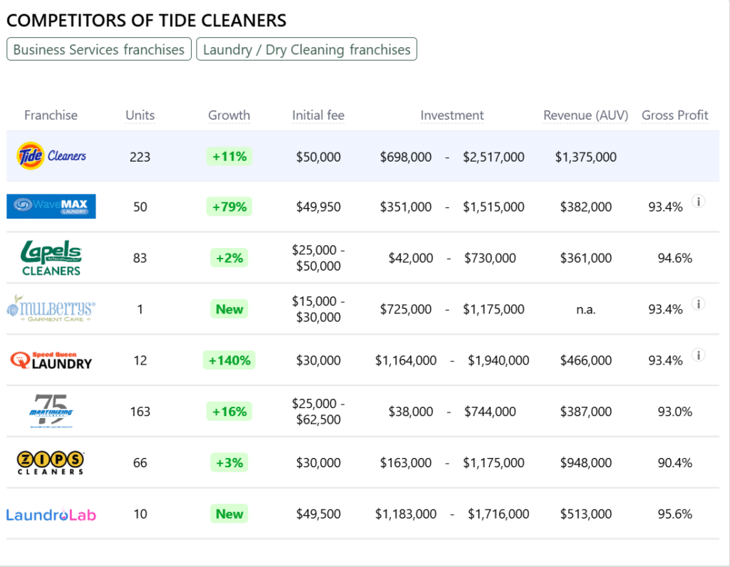 Tide Cleaners franchise competitors